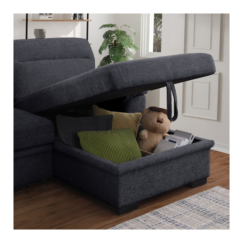 Canapé d'angle convertible Kipling II de 95 pouces en chenille gris foncé avec méridienne de rangement à droite, lit gigogne et console rabattable avec port USB de chargement