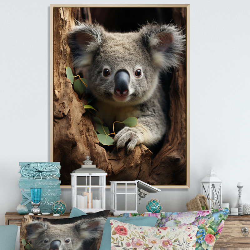 Portrait de koala gris III - impression, H 20 po x l 12 po x P 1 po, Toile naturelle avec cadre flottant