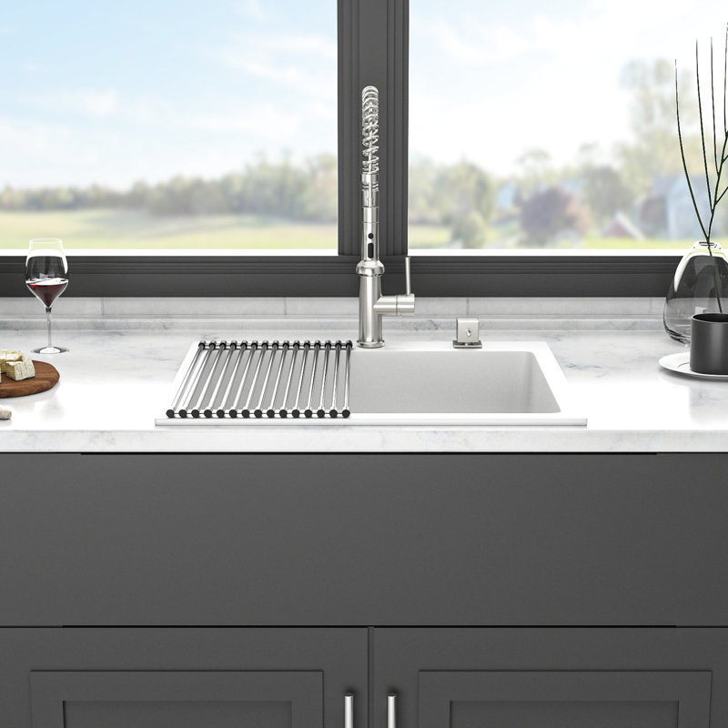 Évier de cuisine encastré en quartz blanc 25 po x 22 po, facile à entretenir, coins arrondis pour l'hygiène, ensemble avec pinces d'installation Évier 25 po x 22 po en composite, réduit les zones d'accumulation de saleté, est livré