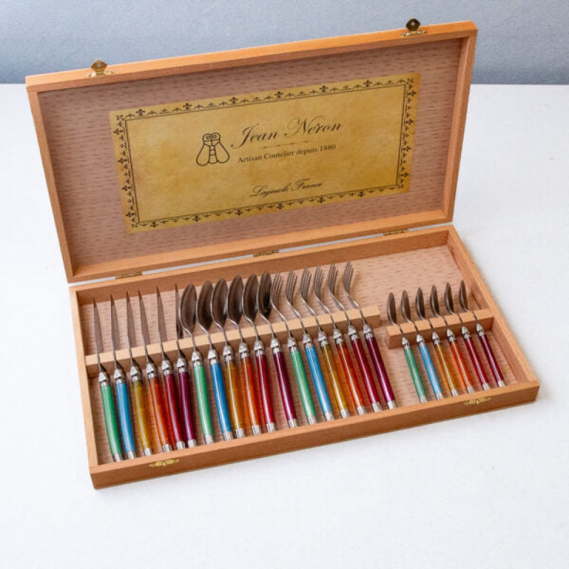  Ensemble de couverts 24 pièces, arc-en-ciel dans une boîte de présentation en bois, Multi-couleur