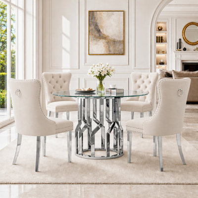 38.9" Round Glass Dining Table Set for 4, 5-Pieces Round Dining Table set, 0.31" Clear Tempered Glass Dining Table set for Kitchen, Dining Room, Apartment