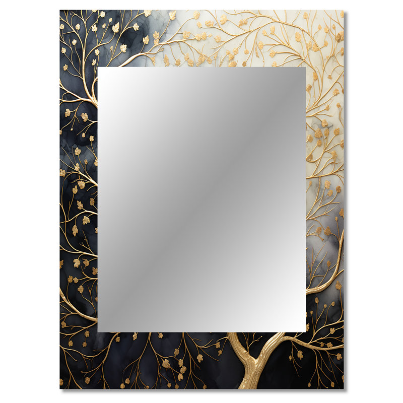 Golden Branch Tree Luminous Tangle II - miroir monochrome, miroir mural décoratif traditionnel, impression d'art en métal