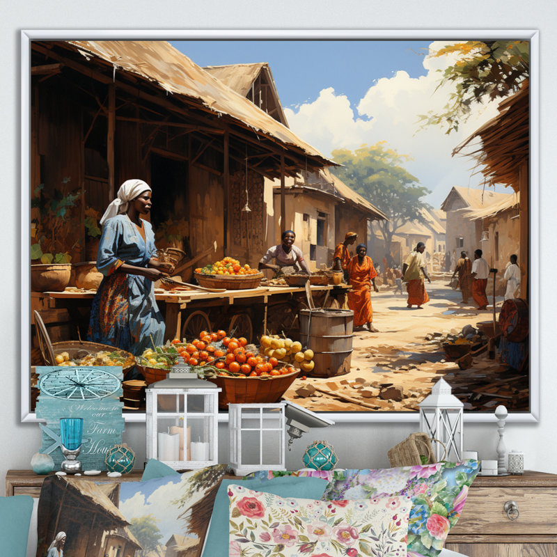 African Vibrant Market II - Art mural africain, H 24 po x l 32 po, Reproduction avec cadre flottant, Blanc