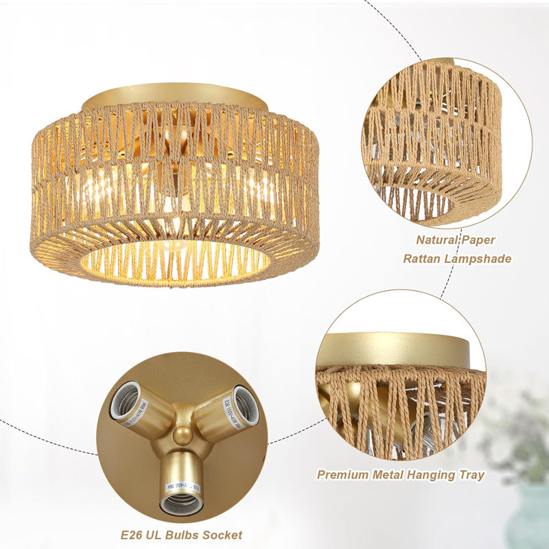 Boho Light Fixtures 3-Light Farmhouse Rattan Ceiling Light Flush Mount With Hand-Woven Shade