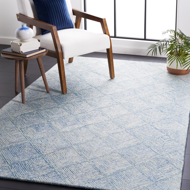 Tapis bleu / ivoire en laine / coton touffeté à la main Braelyne, Rectangle 4 pi x 6 pi