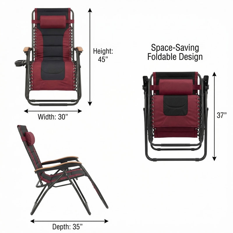 Très grand fauteuil épaissi à gravité zéro, méridienne pliable, chaise longue anti-gravité à siège large de 30 pouces avec porte-gobelets, rouge 