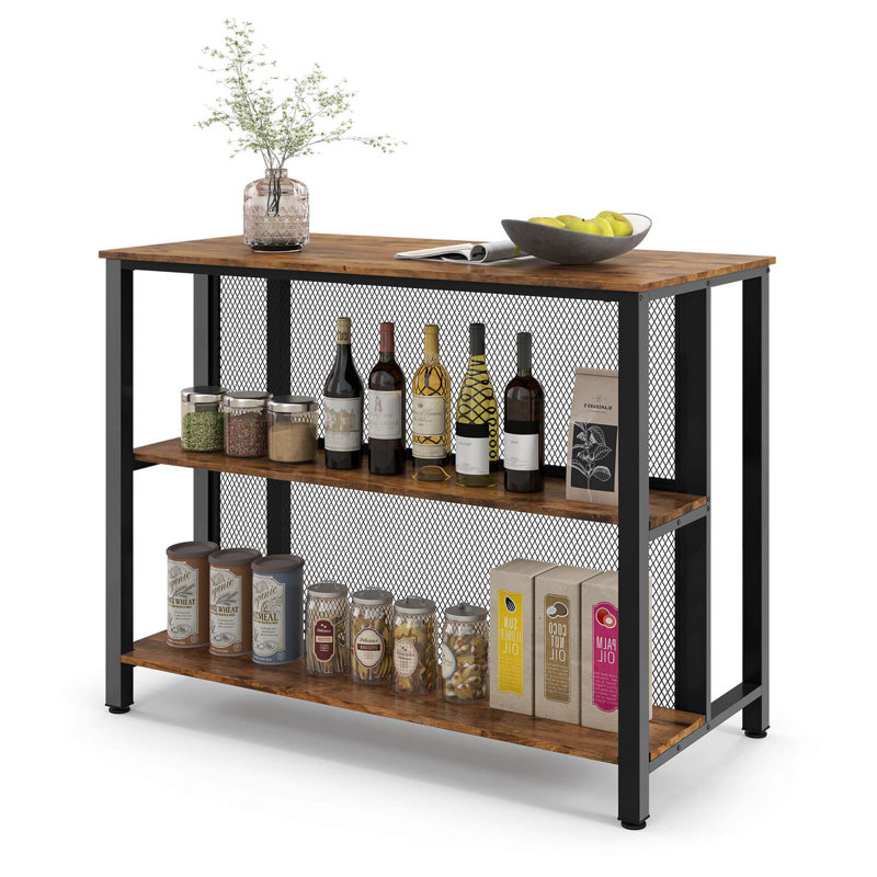 17 Stories 36" Tall 3-tier Bar Table With Storage Metal Frame Adjustable Foot Pads Grey, Rustic Brown