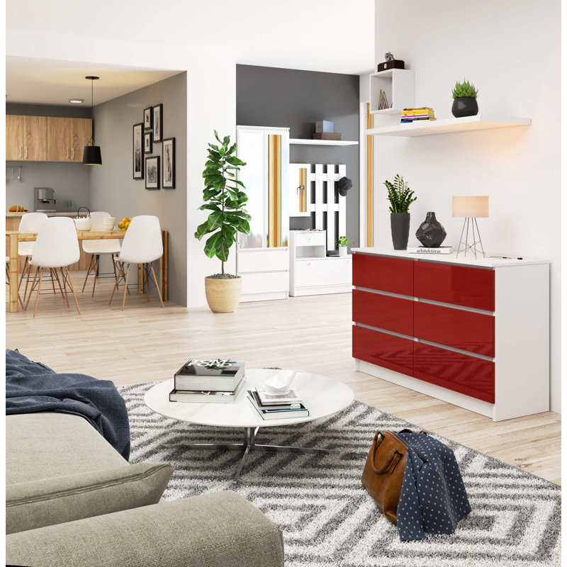 Elree 6 Drawer 120Cm W Double Dresser, Red Gloss