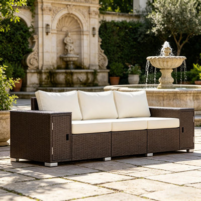 Spacious Wicker Patio Sofa with Hidden Storage Armrests