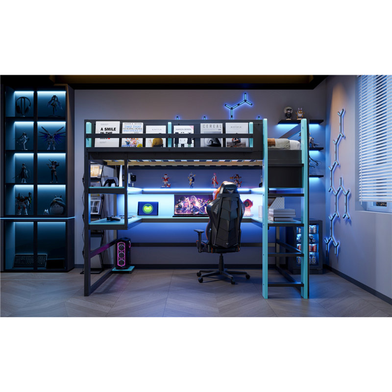 Lit mezzanine double en bois avec bureau, support de rangement latéral, tablettes multiples et lumière RVB, bleu nuage