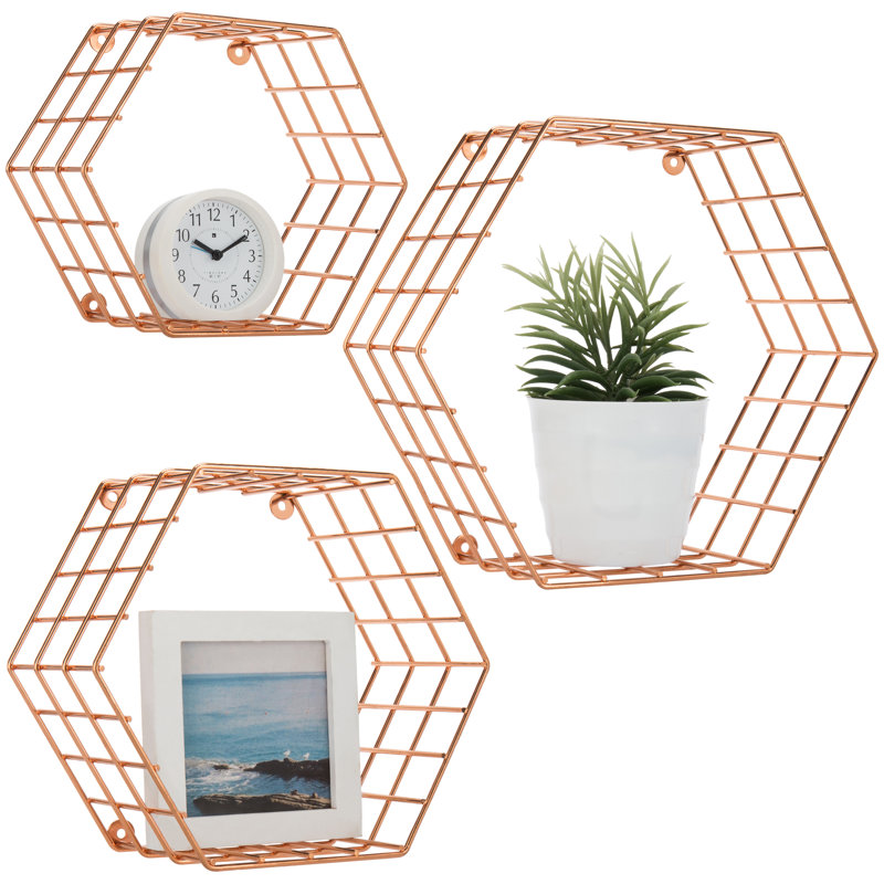 Mthimunye 3 Piece Hexagon Metal Floating Shelf, Copper