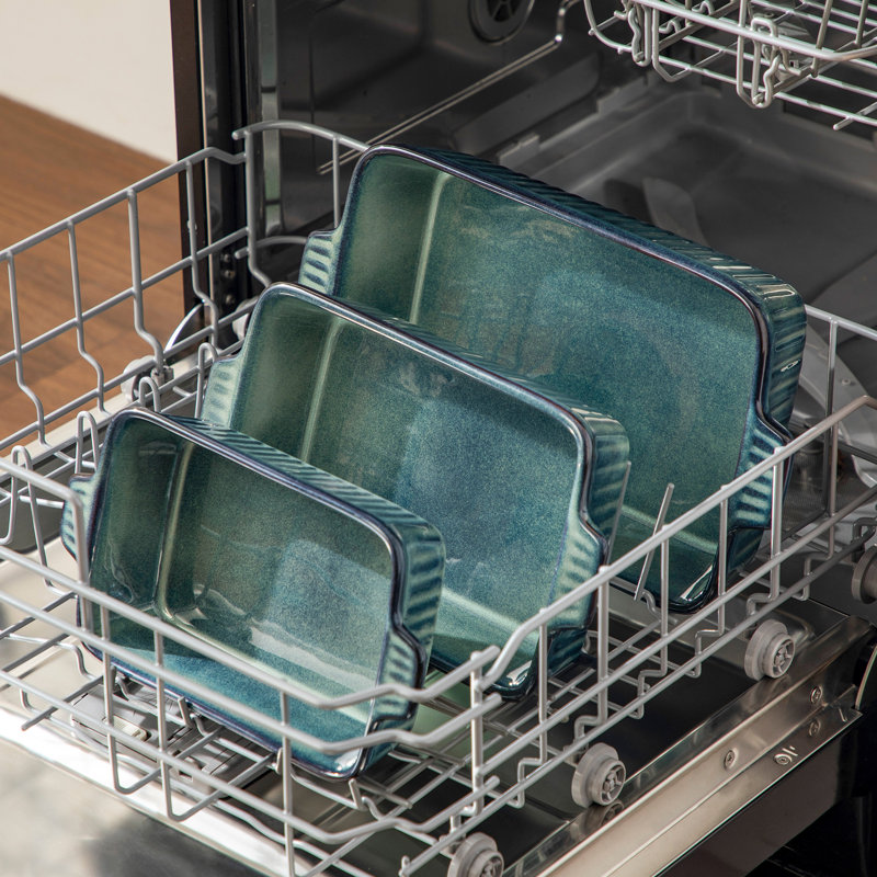 Vancasso Stoneware Stainless Steel 3 Piece Ramekin Baker Bakeware Set, Green