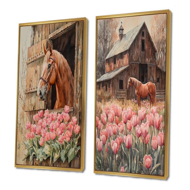 Tulipes et chevaux par la grange I - Art mural floral 2 pièces, H 40 po x l 41 po, Cadre flottant doré