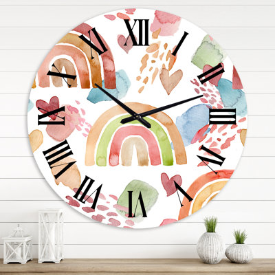 Multicolored Rainbows Clouds and Hearts - Children's Art wall clock