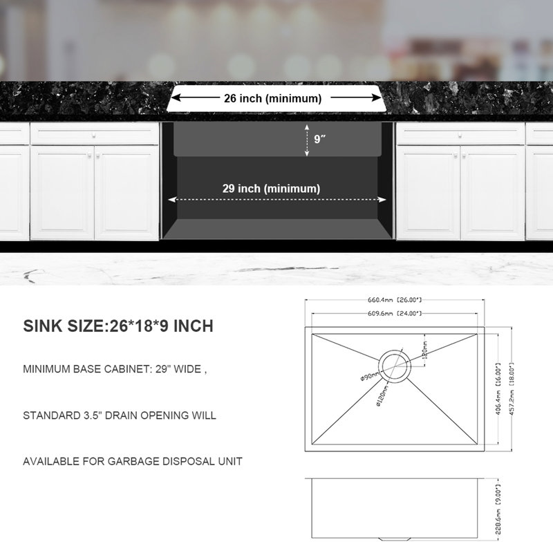 Évier de cuisine encastré à simple cuve en acier inoxydable de calibre 26 de 26 pouces, assemblage de drain, modèle d'écoulement d'eau en forme de X pour un drainage en douceur, couche de condensation et tampon antibruit de 3 m