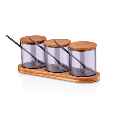 Spice Jar & Kitchen Shelf Set (3 Jars), Purple & Wooden, 2.8 x 2.8 x 3.5 inches Jar | 9.4 x 3.1 x 4.7 inches Stand | 100% BPA-Free Plastic & Wooden, Dishwasher-Safe | Perfect for Organizing Spices & Enhancing Kitchen Décor