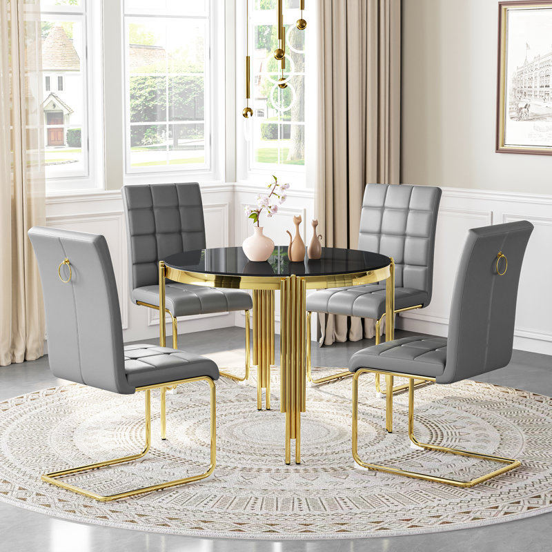 5-Piece Round Glass Dining Set, 37" Tempered Glass Table With 4 High Back PU Leather Chairs, Black/Gold, Gray/Gold
