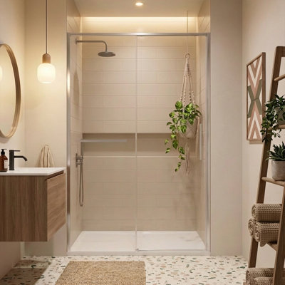 Edgemar 56-in to 60-in W x 76-in H Sliding Shower Door with Clear Tempered Glass and Brushed Nickel Hardware