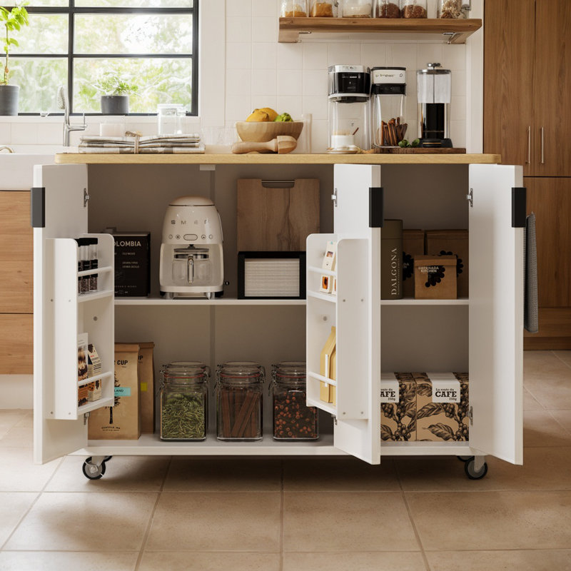 Îlot de cuisine sur roulettes 51,3 po, chariot de cuisine roulant avec porte-serviettes et abattant, îlot de cuisine de style campagnard avec support de rangement interne et 3 portes