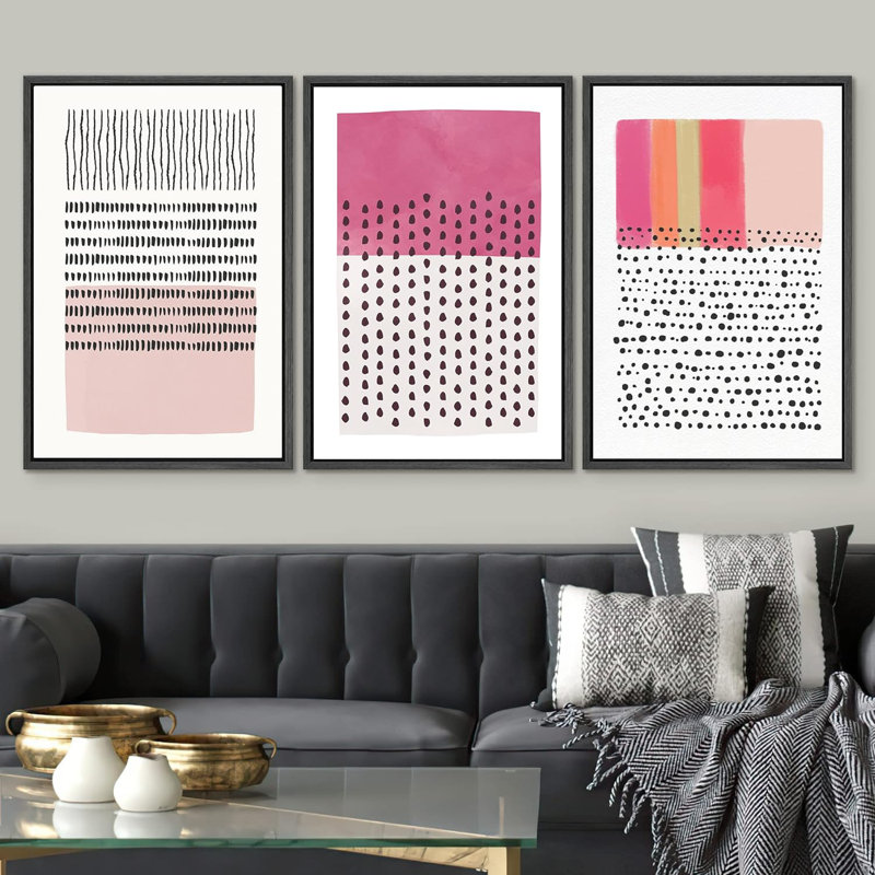 Abstract Vibrant Color Blocks " Pink Geometric Color Block Collage " 3 - Pieces, Black, 24" H x 48" W x 1.5" D