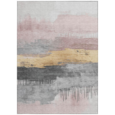 Tapis intérieur/extérieur lavable, abstrait, rose poudré et or, 152 x 244 cm