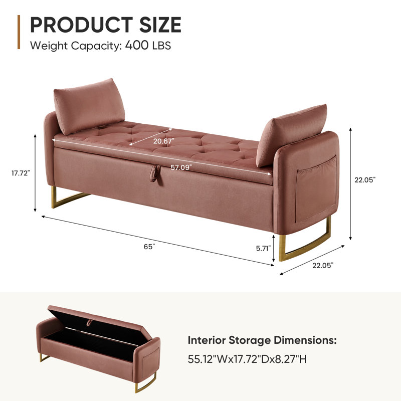 Soraiya 65'' Upholstered Storage Bench With Two Pillows, Pink