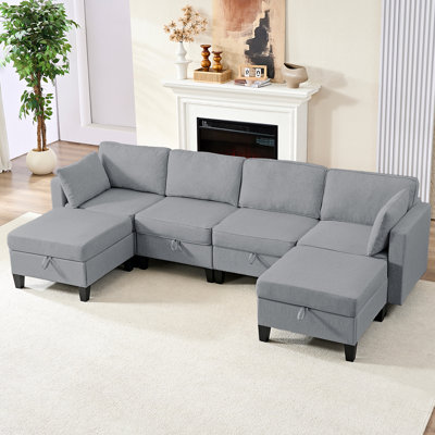 Canapé modulaire en forme de U de 109 po avec rangement, canapés modulaires convertibles pour ensembles de salon avec méridienne réversible, canapé 4 places avec repose-pieds pour bureau personnel