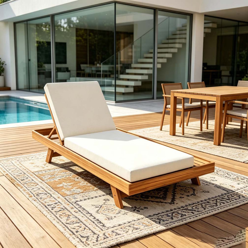 Foldable Acacia Wood Lounge Chaise With Adjustable Backrest, CREAM & 2 INCH THICK