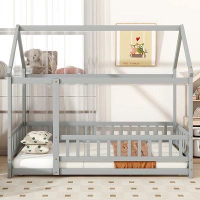 Twin Size House Floor Wooden Bed with Roof Frame,Safety Guardrails