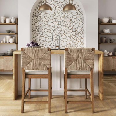 Wooden Bar Stool Set Of 2, Upholstered Counter Height Chair With Solid Wood Frame And Woven Back For Kitchen Island