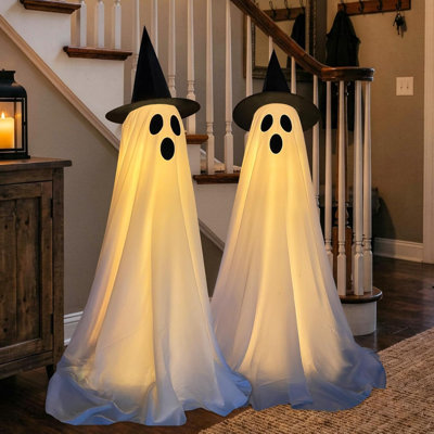 Ensemble de 2 décorations fantômes d'Halloween illuminées avec guirlandes de lumières DEL télécommandées, figurines effrayantes debout de 50 pouces pour la cour intérieure et extérieure, le porche et la fête - style horreur classique