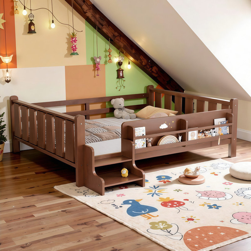 Full\Twin Size Kids Floor Bed With Storage Bookcases, Guardrails & Stairs, Natural, Full