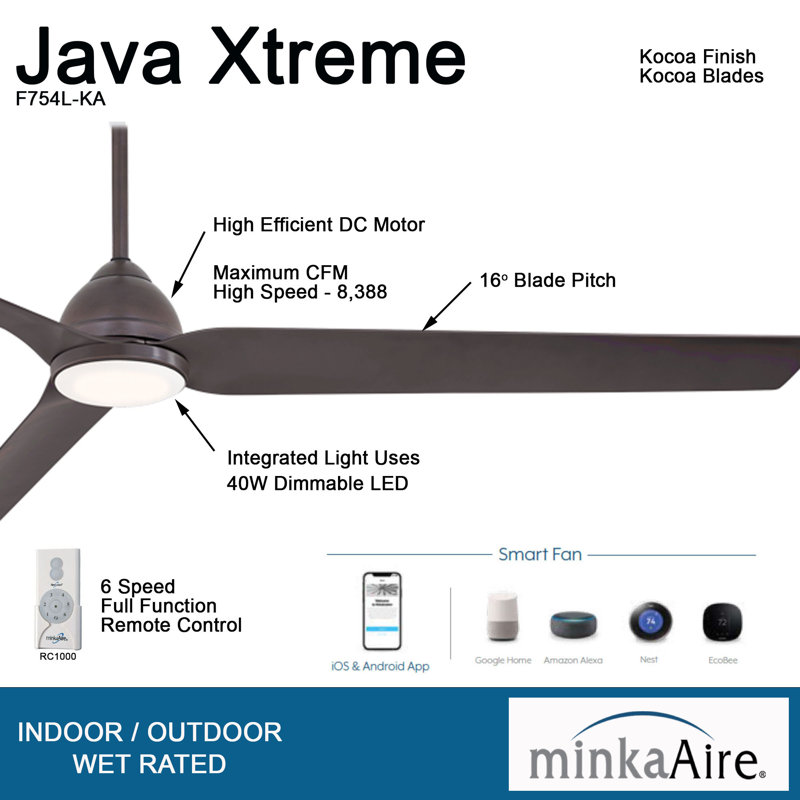 84'' 3 - Blade Outdoor LED Smart Standard Ceiling Fan with Remote Control and Light Kit Included, Brown