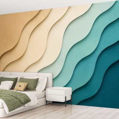 Wall Mural Peel and Stick Wallpaper Abstract Wavy Layered Neutral Teal Tones Self-Adhesive Removable Contact Paper Wall Decor for Living Room Bedroom 69"H x 96"W