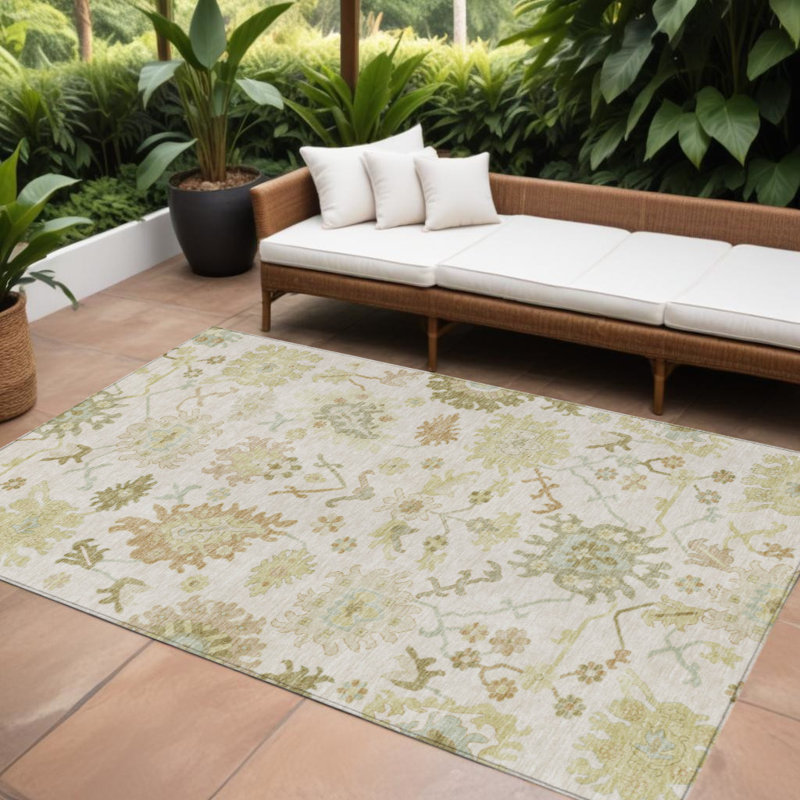 Tapis intérieur / extérieur floral ivoire et brun clair 9 pi x 12 pi ivoire