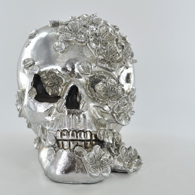 Skull With Flowers Silver Finish Comeau Scuplture