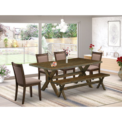 Schutzer 6 Piece Dining Table Set- A Wooden Table with Small Wood Bench and 4 Linen Fabric Kitchen Chairs by Rosalind Wheeler