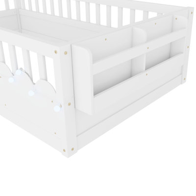 Twin Montessori Floor Bed Frame with High Rails, Wood Kids Floor Beds with Light and Storage Shelf, White
