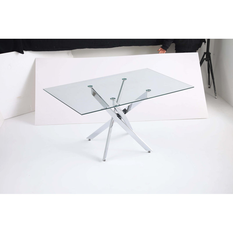 Table de salle à manger rectangulaire moderne en verre trempé avec structure en métal argenté, cuisine et table de salle à manger élégantes
