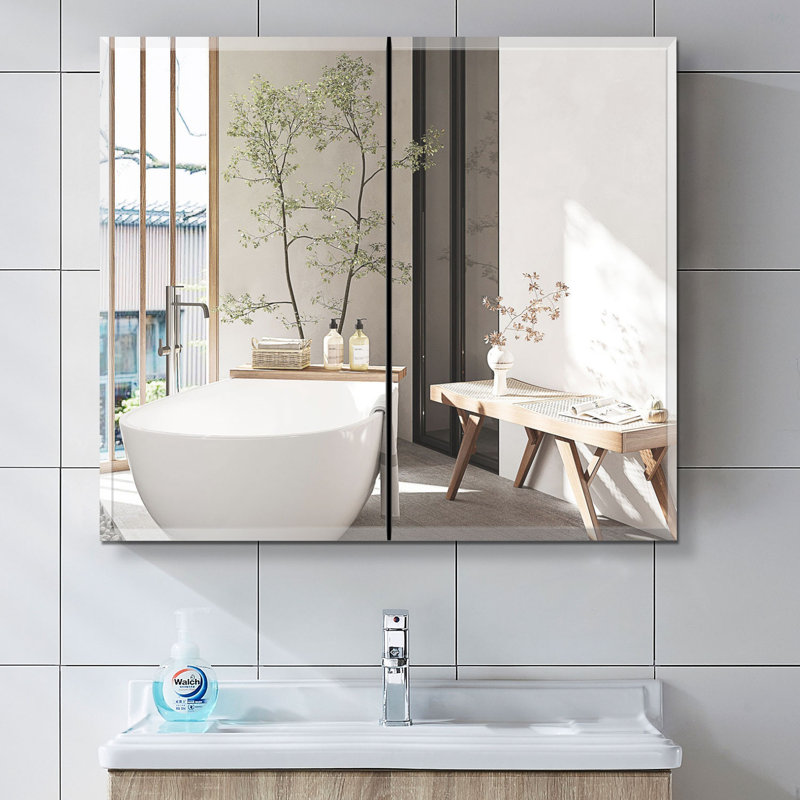 30X26 Inch Double Door Mirror Aluminum Medicine Cabinet Surface Mount Or Recessed Bathroom