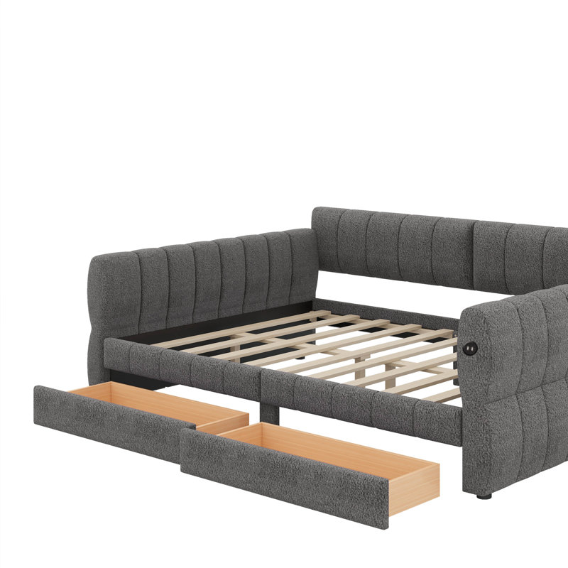 Grand lit plateforme tapissier avec port USB et tiroirs, Gris