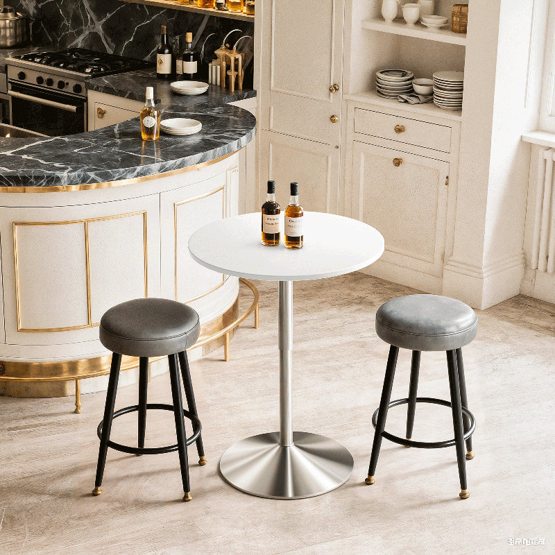 35.5" Round Bar Table, 360° Swivel Height Adjustable Bistro Pub Table, Modern Cocktail Table with Chrome Base, White
