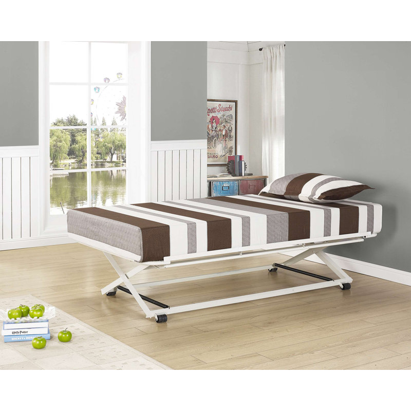 Blount Twin Size Pop Up Trundle Bed – Heavy-Duty Steel Frame, Wheels, Steel Slat Support, No Box Spring, 300 lb Capacity, White or Black Finish