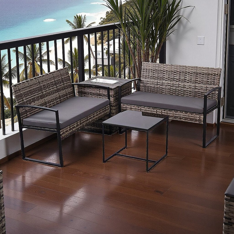 Ensemble de canapé modulaire d'extérieur 4 pièces de qualité supérieure - Osier en polyéthylène toutes saisons avec coussins lavables et seau à glace intégré