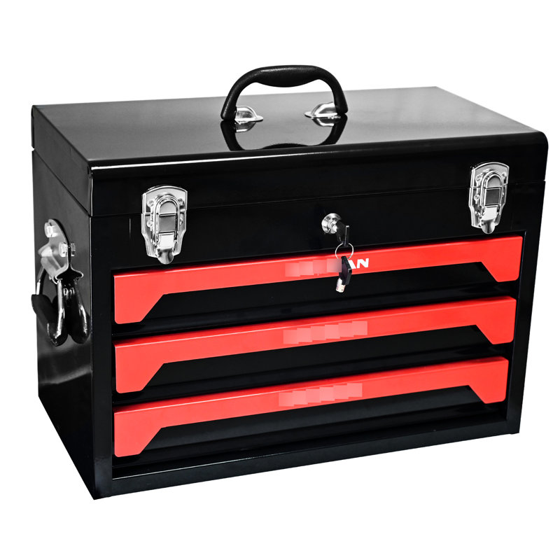 20" Portable 3 Drawer Metal Tool Chest, Black&Red, Bearing Slide, Latch, Practical Storage Option Steel Box, Portable, Robust Solution