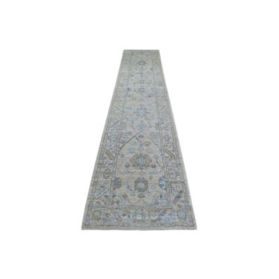 Tapis de couloir noué à la main 2 pi 9 po x 15 po x 1 po Angora en laine naturelle gris G70892
