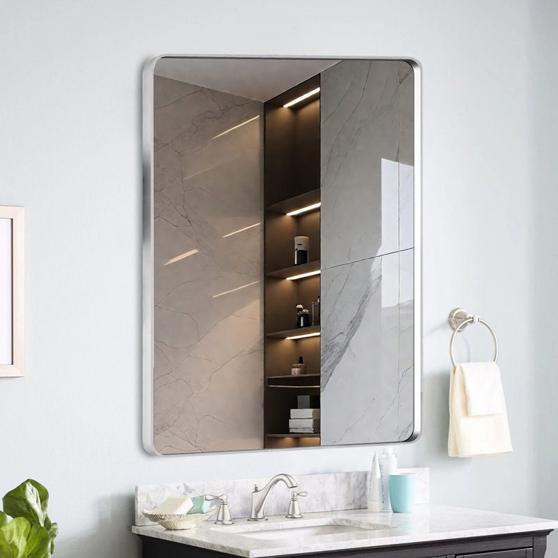 Miroir mural 20 po x 30 po en nickel brossé pour cadre de salle de bain, miroir flottant en verre flottant, reflet sans rouille et installation sécuritaire, image impeccable, protection anti-preuve