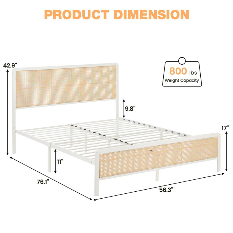 Bundeena Rattan Platform Bed Frame with Headboard with Sturdy Steel Slat Support, No Box Spring Needed, Full, White