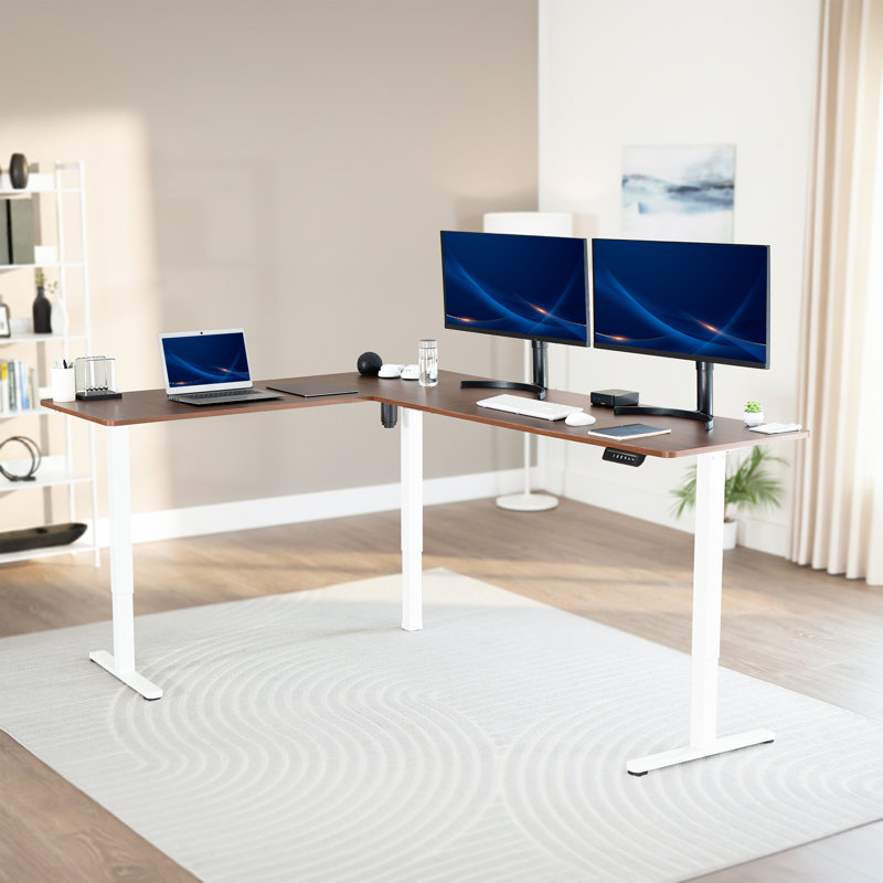 Bureau d'angle électrique VIVO, poste de travail en L, Bois foncé / Blanc, L 84,6 po x P 63 po