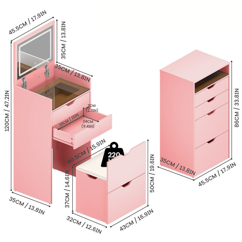 Dressing Table and Stool, 3-in-1 Multifunctional Dressing Table Set, Featuring Three-color Lighting Modes, HD Mirror, Two Sliding Drawers, and a Hidden Storage Stool.